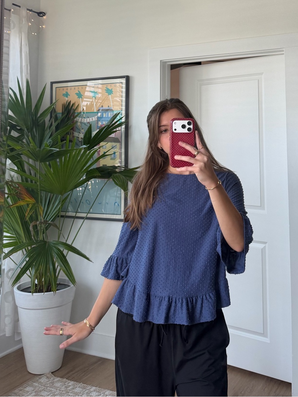 Navy Blue Ruffle-Hem Dotted Texture Top